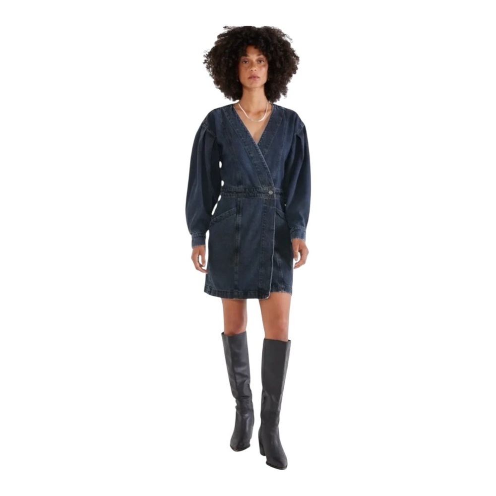 Anthropologie Etica Mira Denim Balloon Sleeve Wrap Mini Dress S NWT